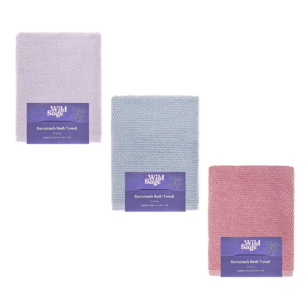 3 Wild Sage Savannah Quick Dry Bath Towels = LAVENDER + BLUE FOG + MAUVE PINK